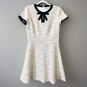 CeCe Tweed Bow Neck Fit & Flare Dress 6 Preppy A-Line Parisian Chic